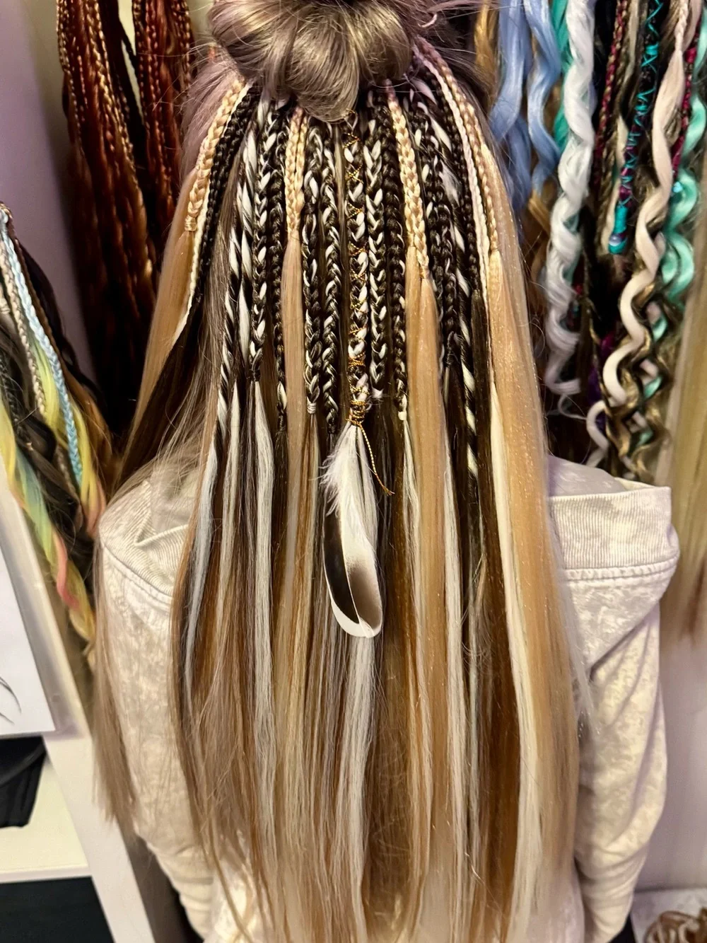 Blonde and Dark Brown Braided Hair Extensions with Feather Accent